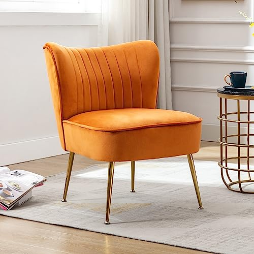Wahson Poltrona Imbottita Moderna Sedia da Salotto in Velluto Poltroncina con Gambe in Metallo Dorato per Camera da Letto/Soggiorno,Arancione