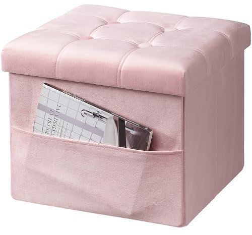 VewePata Pouf pieghevole in velluto, trapuntato, con spazio per soggiorno, camera da letto o dormitorio, poggiapiedi in velluto con tasca laterale, 43 x 33 x 33 cm, rosa