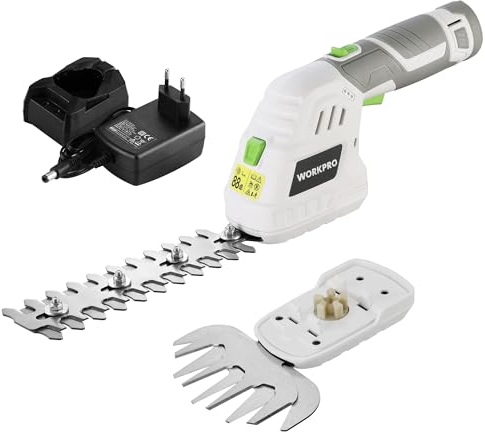 WORKPRO 12V Strauchschere Akku 2-in-1 Weiß, handliche Grasschere mit 2 Messern, 2Ah Akku und Ladegerät, elektrische Heckenschere Rasentrimmer für Gartenarbeit, Schnittbreite 12,5cm, Schnittlänge 16cm