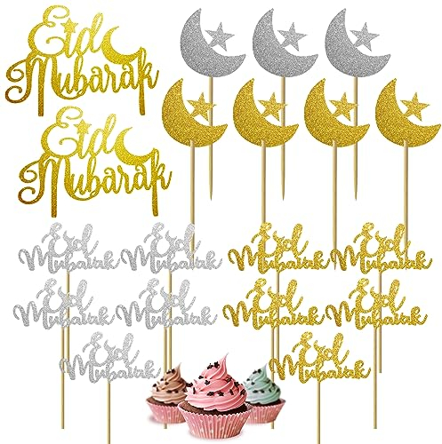 Eid Mubarak - Décoration Aid Moubarak - Decoration Gateau Eid Mubarak (19 pièces) - Kit de Decoration de Cupcake Pour le Ramadan - Islam - Musulman