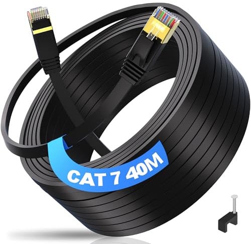 ikbc Cat 7 Ethernet Cable 40m, Flat Lan Cable 40m 10Gbps 600MHz FTP Shielded, High Speed Intermet Cable 40 Meter Cat 7 Gigabit Rj45 Network Cable Black for Router PS4/5 PC (40 Clips)