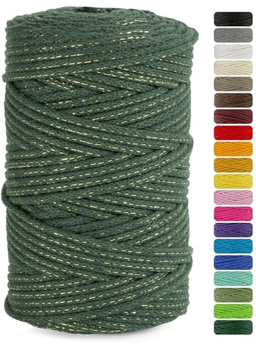 Netuno 1x Makramee Garn Flaschengrün mit goldenem Metallfaden 5 mm 100 m Baumwollkordel Textilgarn Kordelband Naturgarn Naturbaumwolle Garn für Makramee Baumwollgarn Weihnachten Kordel Geschenkband