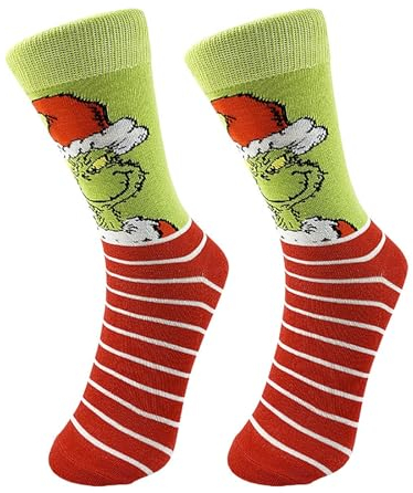Herren und Damen Grinch Baumwolle Socken Packung Weihnachtssöckchen, Grinch Baumwolle Socken, Bunte Gemusterte Weihnachtssocken für Herren und Damen