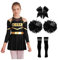 Aislor Mädchen Cheer Leader Kostüm Langarm Cheerleading Uniform Outfits Pailletten Kleid mit Pompoms/Harrband Strümpfe Halloween Cheerleading Tanzkleid F Schwarz 146-152