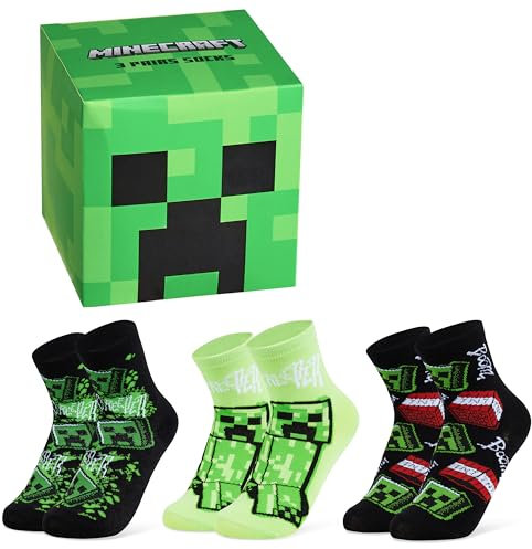 Minecraft Jungen Lustige Socken mit Motiv, Multipack – Geschenke für Kinder(Grüner Würfel - 3er-Pack,EU 35-40)