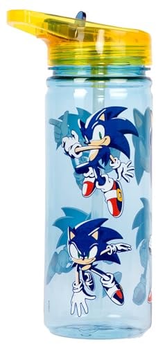 Disney Sonic The Hedgehod Bouteille en plastique avec paille sans BPA – Bouteille d'eau d'école pour garçons 100 % étanche et durable, 580 ml