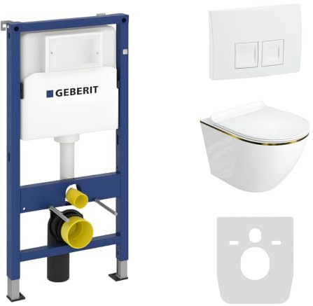 Lavita Duofix Basic Vorwandelement + Wand Tiefspül WC Sofi Slim Gold Line Spülrandlos + WC Sitz + Bedienplatte Delta 25 Weißer Knopf Komplettset Unterputz Spülkasten Toilette Komplett Sett WC