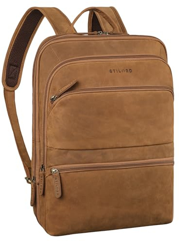 STILORD Giuseppe Schmaler Laptop Rucksack Leder 15,6-16 Zoll Business Rucksack Herren Vintage Lederrucksack Damen DIN A4 Ordner Arbeitsrucksack Echtleder Farbe:tan - Dunkelbraun