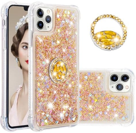 IMEIKONST Bling Diamond Ring Case for iPhone 11 Pro Max, Moving Liquid Transparent Slim Fits Shell for Girls Women Stand Fuction TPU Bumper Shockproof Cover for iPhone 11 Pro Max. Love Gold YBZ