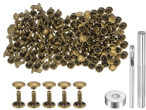 sourcing map 200 juegos de remaches de cuero de 7 mm x 8 mm, de metal de doble tapa, con 3 herramientas de ajuste, remaches para manualidades, reparación de cuero, decoración, bronce