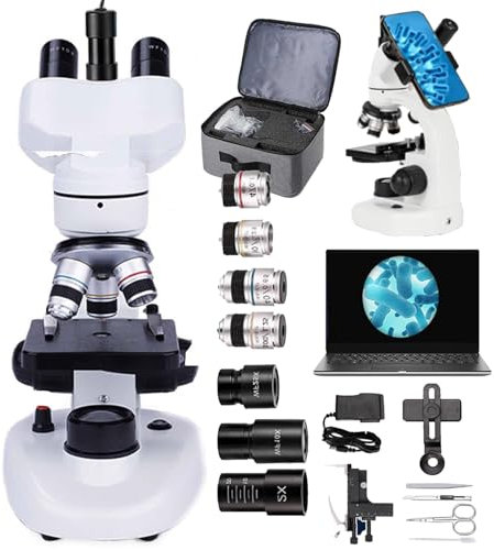 Microscopio Trinoculare 40x-5000x Con Oculare Elettronico/Adattatore Per Telefono/Doppia Illuminazione A Led -Microscopio Biologico Composto Con Rotazione A 360°/Tavolo Meccanico,White