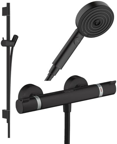 Pack mitigeur douche thermostatique HANSGROHE Ecostat Comfort + Barre Unica + flexible + Pommeau Pulsify Select 3 jets noir mat
