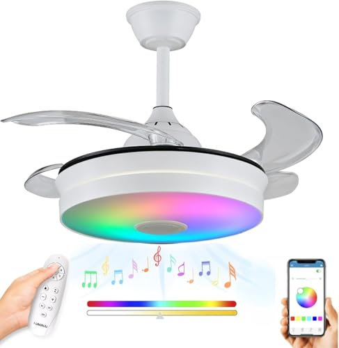 Ventilador de Techo con Luz LED - Aspas Retráctiles, Música y RGB - Silencioso con Lámpara y Moderno con Mando a Distancia, Bluetooth y APP para Salón y Dormitorio (108 cm)