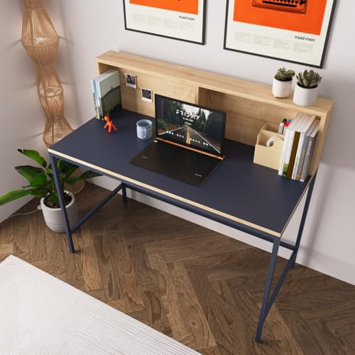Bimossa, 110cm Wide Desk, Stylish Home Office Writing Desk with Raised Block Shelf and Note Board, Metal Legs, Perfect for Students and Professionals, Blue, Olivia