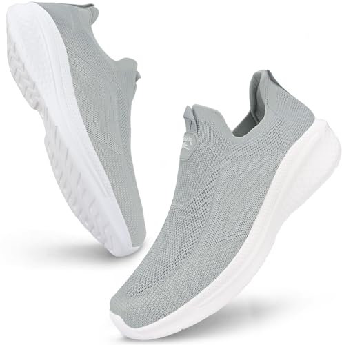 Giniros Schuhe Herren Laufschuhe Slip On Sneaker Leichte Atmungsaktiv Sportschuhe Bequem Turnschuhe für Outdoor Fitness Straßenlaufschuhe Walkingschuhe, Hellgrau 43EU