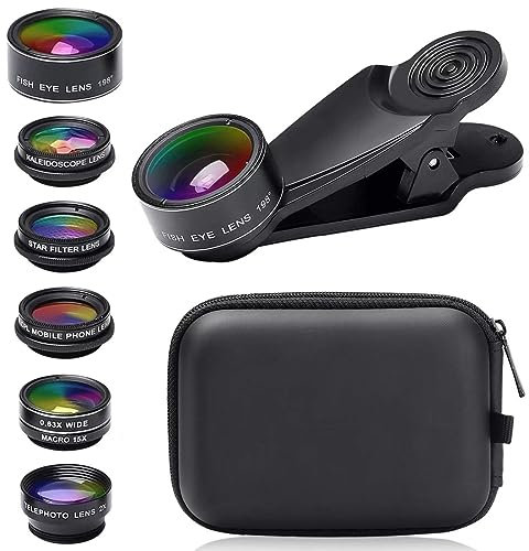 Severnier Objectif Telephone Portable, 7 en 1 Universel Objectif pour Smartphone, Fisheye à 198°, Grand Angle 0,63X, Macro 15X, CPL, Objectif pour iphone, pour Plupart des Smartphones