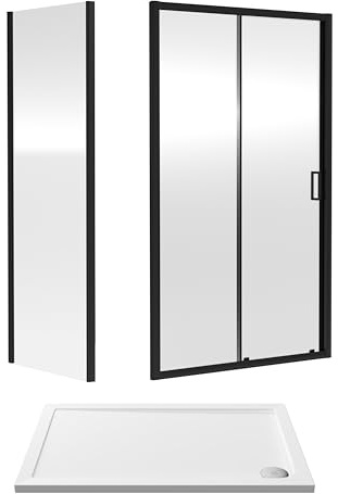 Balterley Sliding Shower Door with Side Panel & Shower Tray, 6mm Toughened Safety Glass Doors, Bar Handle Framed Sliding Door, Square Tray for Showers, Bathroom Side Panels (Black/White)