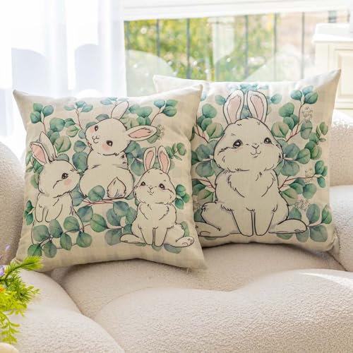 Miuyunya 2 Stück Kissenbezug Ostern 40 x 40 Happy Easter Hello Spring Kaninchen Ostern Kissenbezüge Leinen Frühling Zierkissenbezug für Sofa Schlafzimmer Wohnzimmer Garten Zuhause Dekoration