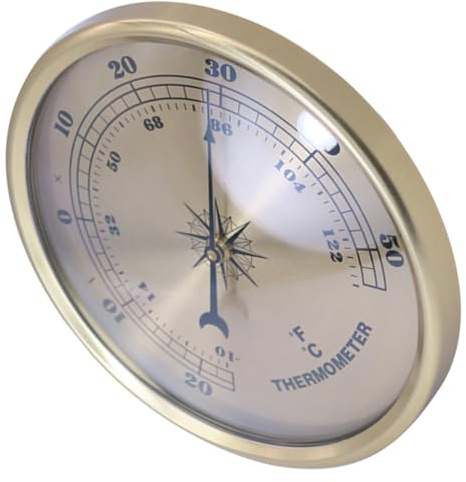 Rundes Metall Außenthermometer mit Großen Zahlen, Goldfarben | Kompakt und Lesbar, für Babyzimmer oder Büro, Temperaturanzeigendes Messgerät