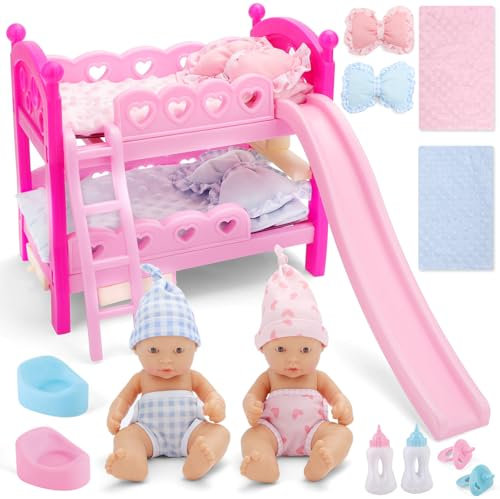 deAO Puppenbett und Twin Puppe Set, Baby Puppen Zubehör mit Puppen Doppel-Hochbett, Zwillingspuppen, Stehleiter, Decke und Kissen, Puppenflasche, Babypuppen Spielset mit Zubehör Kinder ab 3 Jahren