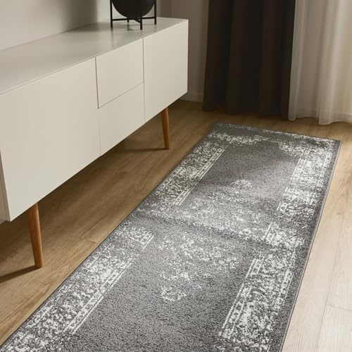 benuta Basic Teppich Sia - Grau 80x240 cm - Kunstfaser - Läufer & im Style: Vintage, Boho-Style, Retro - Pflegeleicht für Wohnzimmer Schlafzimmer