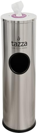 Tazza Gym Equipment Wipe Dispenser with Stainless Steel Floor Stand, Built-in Trash Can, Fitness Equipment Wipes Holder, 1.5 Gallon, Silver