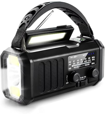 Eighosee Radio Meteorológica de Emergencia FM/Am/, Radio Portátil con Manivela, Linterna, Energía Solar de 10000 MAh para Acampar Al Aire Libre