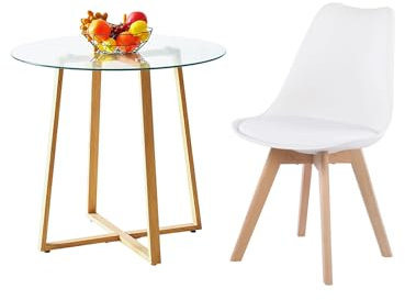 H.J WeDoo Esszimmergruppe Esstisch mit 1 Stühlen Essgruppe, Rund Tisch Glas und Esszimmerstühle Sitzgruppe für Balkon, Esszimmer, Küche, Wohnzimmer(Glas Tisch+1 Weiß Stühle)