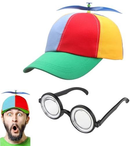 fufupaw Propeller Mütze, Propeller Kappe, 58cm Propeller Mütze Mit Brille, Propeller Hut, Lustige Propeller Mützes für Erwachsene, Verstellbare Mütze Mit Brille für Karneval, Party, Cosplay