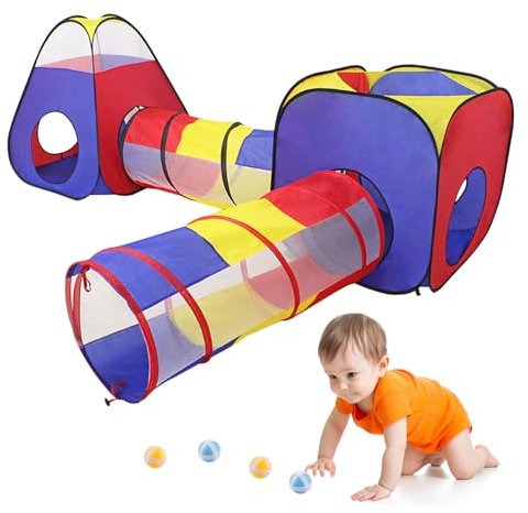 Zosenyer Tunnel Enfant, 4 en 1 Pop Up Tente et Piscine a Balle pour Pliable, Jeux Exterieur et Intérieur Enfant Garçons Filles d'anniversaire Cadeaux de 1 à 7 Ans Rouge