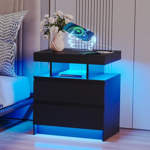 Vlsrka Smart Nachttisch mit Ladestation, Drahtloses Laden und LED Licht | Nachttische mit 3 Farben Licht, Holz Nachtkästchen mit 2 Schubladen, Moderner Nachtschrank Schlafzimmer, Wohnzimmer, Schwarz