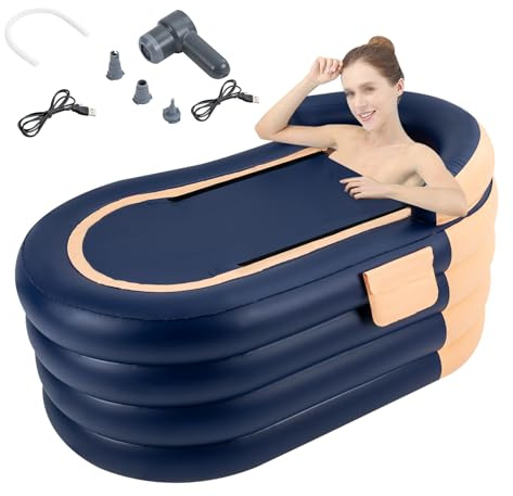 Bañera inflable, bañera hinchable plegable móvil, respaldo ergonómico, PVC, baño de hielo con cubierta y bomba para adultos de hasta 180 cm y ducha, 140 x 74 x 84 cm (naranja y azul)