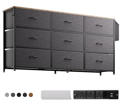 PURFINO Cassettiera in Tessuto - Grande Mobile TV per 43-65 Pollici con 9 Cassetti, Etichette, Tasca Laterale e Gancio, Cassettiere Stoffa per Soggiorno, Corridoio, Camera da Letto