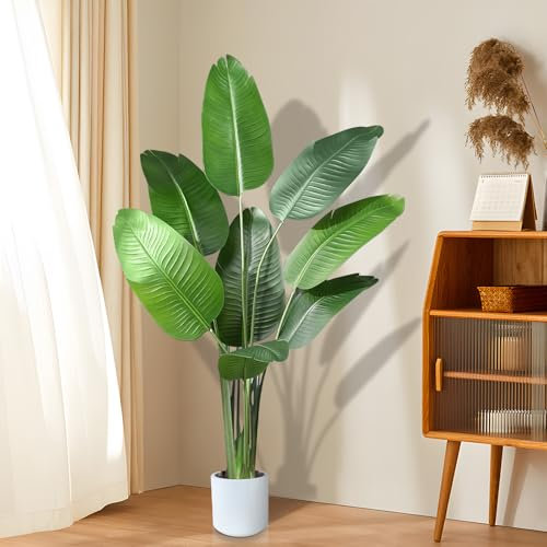 INSANYJ Plante Artificielle, 120cm Bananier Artificiel avec 8 Feuilles, Fausse Plante Interieur Exterieur, Artificielle Plastique Fausse Plante avec Pot pour Decoration Salon Chambre Bureau Cuisine