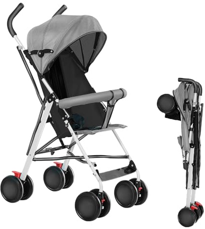 Poussette Bébé, Poussettes Cannes avec parasol, poussette pliable avec Dossier Inclinable, 0-2 ans, portant 20kg (Gris, 67 * 45 * 100cm)