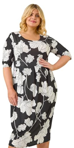 Roman Curve Floral Print Pocket Dress for Women UK - Ladies Everyday Holiday Spring Summer Round Neckline Comfy Soft Evening Vacation Work Party - Black Plus - Size 16