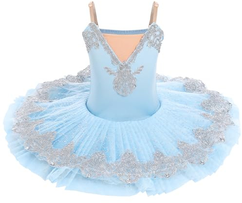 Ballettkleidung Mädchen 4-14-Jahre für Tanz: Tüll Ballettkleid mit verstellbarem Träger und Applikationen - Kinder Tanzkleid für Balett Eiskunstlauf Rollkunstlauf blau 7-8 Jahre