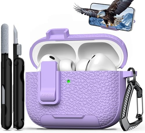 RFUNGUANGO AirPods Pro 3 Hülle, Leder Reinigungsset Karabiner, Lila | Leder-Schutzhülle mit Sicherheitsverschluss, Karabiner, Handyhalter & Reinigungsset passend für AirPods Pro 3