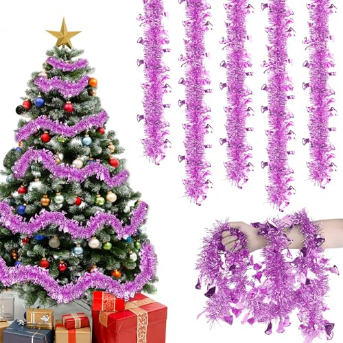 Joxessaien Lametta Weihnachtsbaum 8 Stück × 2M – Weihnachtsgirlande 16M Weihnachtsdeko Lametta Girlande mit Glocken Verziert – Christbaum Deko für Innen & Außen (Rosé)