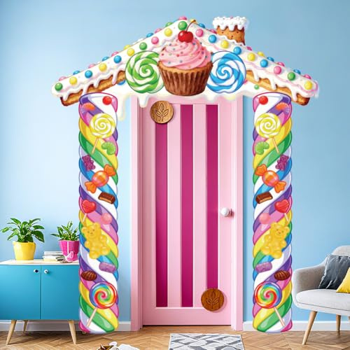 WADORN Sweet Candy Land Tür/Veranda Banner, 200x236cm Candyland Party Dekoration Bunter Lutscherkuchen Fotografie Hintergrund Zubehör Für Zuhause Süßwarenladen Eiscreme Hausbedarf