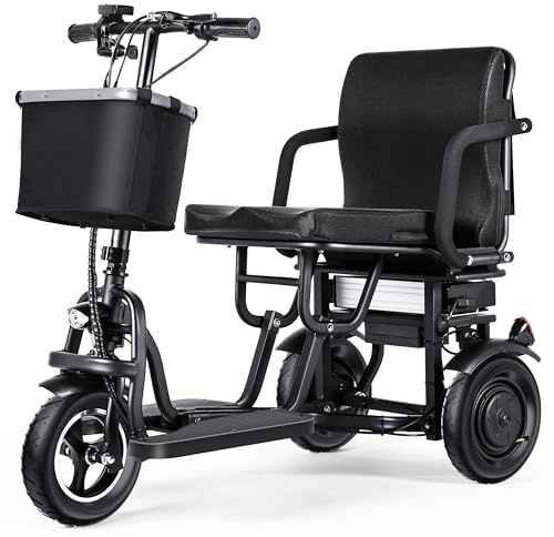 TopMate ES10 3-rädriger Mobilitätsroller Leichtgewicht Faltbarer für Erwachsene Senioren mit Ergonomischem Sitz und Abnehmbarem Akku, 350W Motor&3-fach Verstellbare Geschwindigkeit, E-Dreirad mit Korb