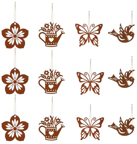 12 Stück Frühlingsdeko Fenster Set, Deko Frühling Metall Anhänger Rost Optik, Fenster Deko Hängend Blumen Schmetterling Vogel Garten Fensterdekoration Vintage Stil ﻿