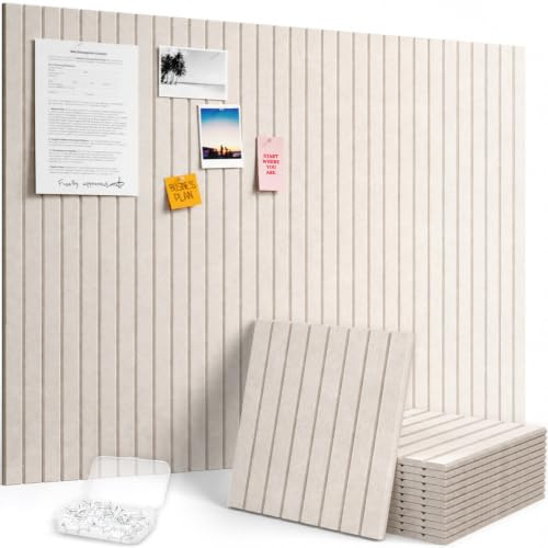 Lifewit Felt Slatted Bulletin Board, 12 Pack Self-Adhesive Panel, 48x 36 Total Size, Cork Board Alternative, Pin Message Board with 30 Pushpins for Room and Office Decor, Home, Dorm, Oatmeal