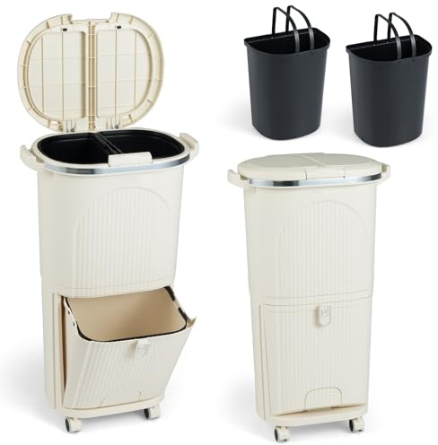 LIFEZEAL Poubelle de Cuisine avec Pédale(Beige, 38L|2 couvercle, 2 niveaux) | Poubelle de Tri avec 2 Seaux Amovibles et Tiroir, Bac à Tri avec Pédale et Roulettes pour Salon, Cuisine