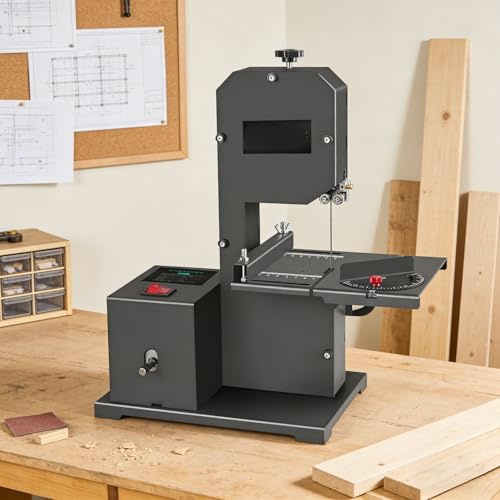 COAKUE DIY-Tischbandsäge, 1750 U/min, 70 mm Schnitttiefe in Holz und Acryl, 90 mm Ausladung, Winkelschnitte von 0-45°, für Kurven- und Geradenschnitte, inklusive 2 Sägeblättern