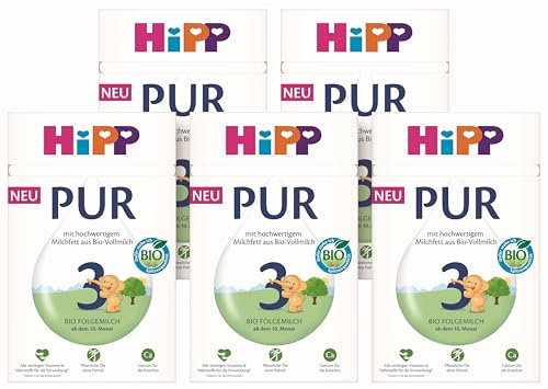 HiPP 3 PUR Folgemilch (5 x 500g), ab 10. Monat, mit hochwertigem Milchfett aus Bio-Vollmilch-Qualität, ohne Palmöl, mit wichtigen Vitaminen & Nährstoffen, Omega-3 (DHA, ALA)