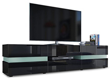 Vladon Buffet Bas Flow, Meuble TV avec vitre d’Ambiance rétroéclairée, 2 Portes, 1 tiroir et 1 clapet, Noir Mat/Noir Haute Brillance (177 x 45 x 39 cm)