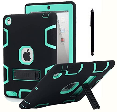 AICase iPad 2 case, iPad 3 case, iPad 4 case, cavalletto antiurto resistente gomma ibrido ad alto impatto resistente robusto a tre strati indietro custodia protettiva con pennino per iPad 2/3/4