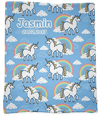 Compagno Einhorn Babydecke mit Name und Datum kuscheliges Geschenk Geburt Taufe Geburtstag Mädchen Junge
