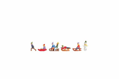 NOCH N Kinder im Schnee, Figuren-Set für Spur N, 6 Kinder mit Schlitten und Schneemann, ideal für Winterlandschaften